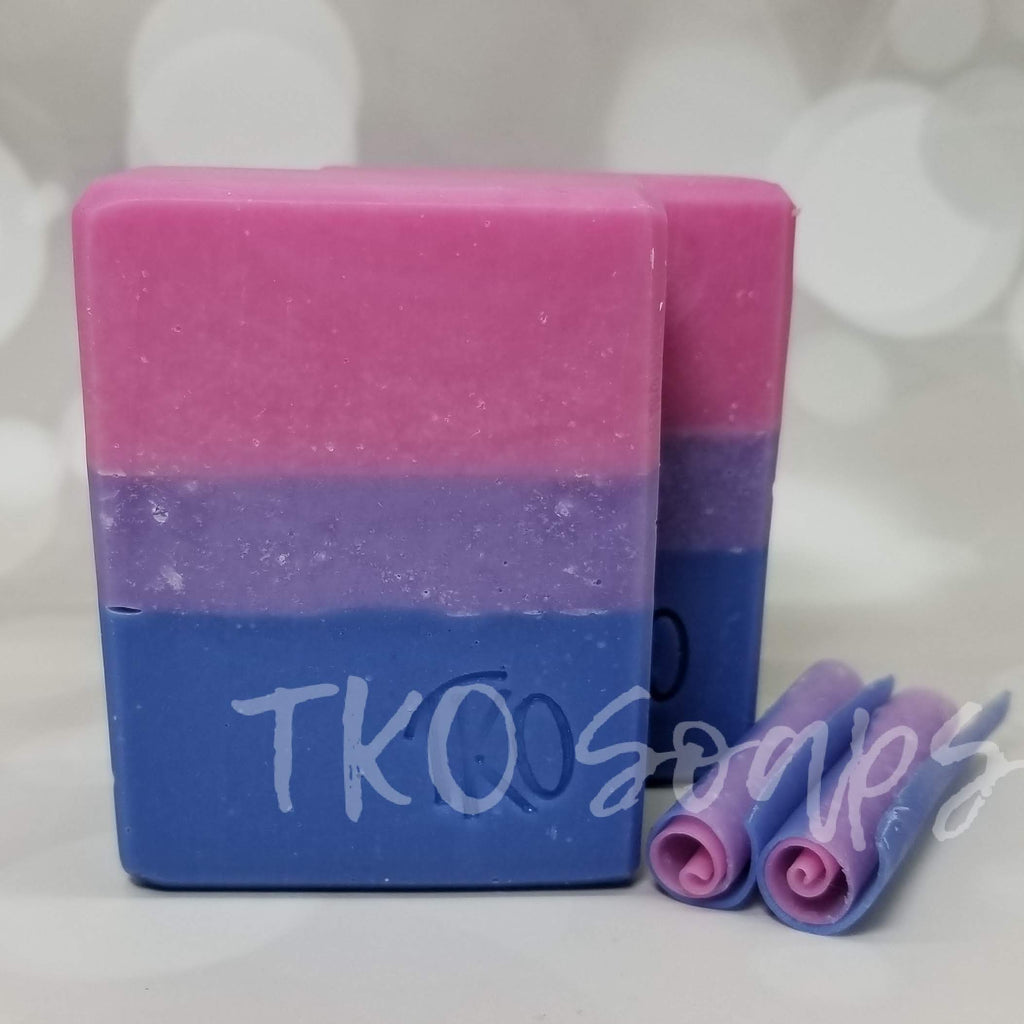 rectangular bar of soap striped to represent the bisexual flag