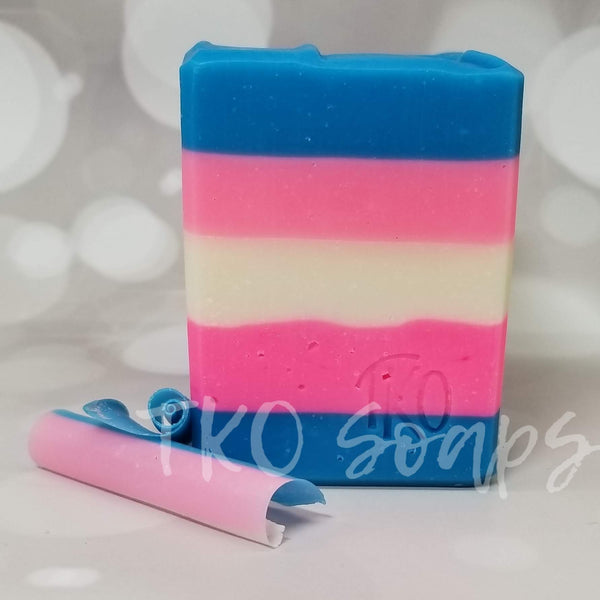 rectangular soap bar striped to represent the trans pride flag.
