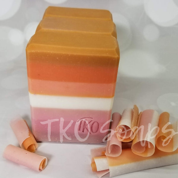 rectangular soap bar striped to represent the lesbian pride flag.